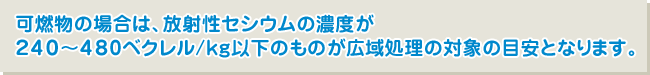 可燃物の場合は、放射性セシウムの濃度が240～480ベクレル/kg以下のものが広域処理の対象の目安となります。